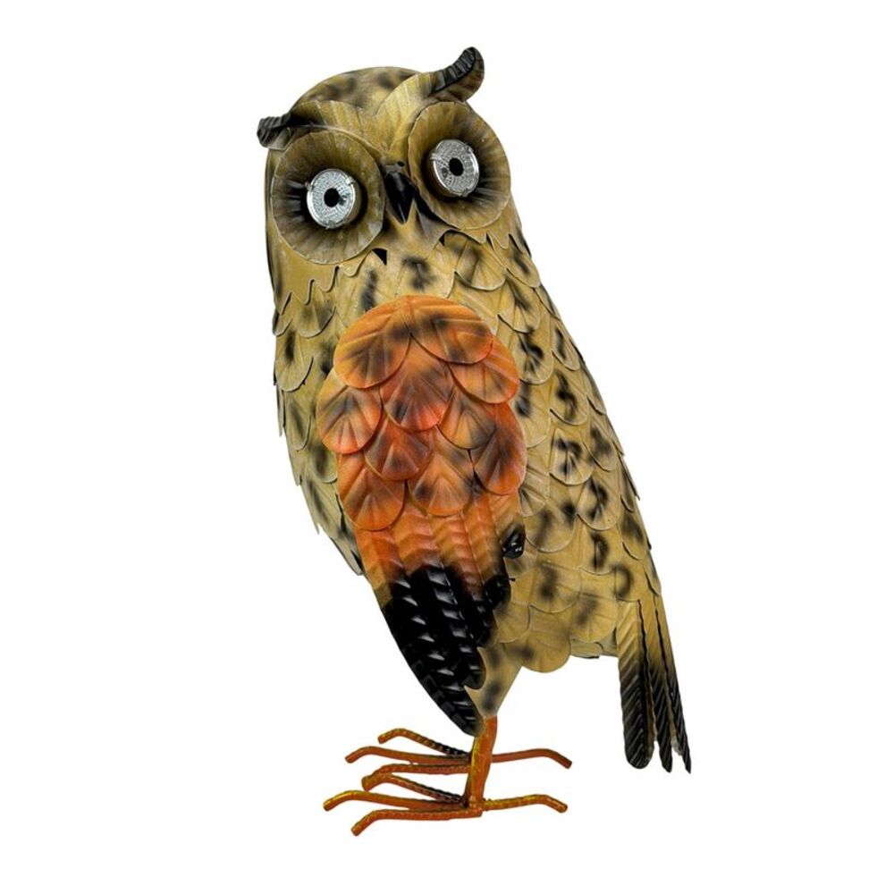 Metal Owl Outdoor Figurine Light with Solar Eyes, Hand-Painted, 13.5 Inch